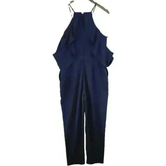 Adelyn rae‎ Cold shoulder navy Blue jumpsuit Size L Ruffle sleeve Front Keyhole - Picture 4 of 11